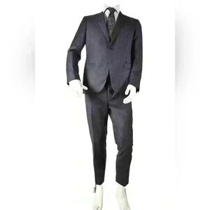 CANALI  Navy Medium Blue Tonal Neat Check Fine Wool Suit 50EU 40R Italy